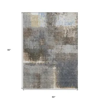 5' X 8' Khaki And Brown Abstract Washable Indoor Outdoor Area Rug