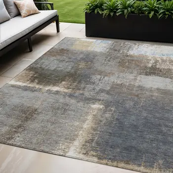 5' X 8' Khaki And Brown Abstract Washable Indoor Outdoor Area Rug