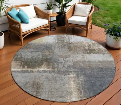 8' Khaki And Brown Round Abstract Washable Indoor Outdoor Area Rug