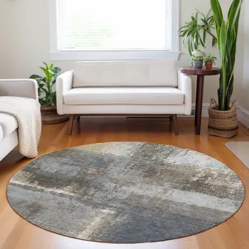 8' Khaki And Brown Round Abstract Washable Indoor Outdoor Area Rug