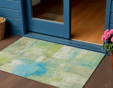 3' X 5' Lime Green And Sky Blue Abstract Washable Indoor Outdoor Area Rug
