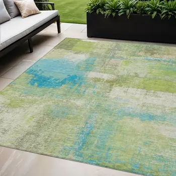 5' X 8' Lime Green And Sky Blue Abstract Washable Indoor Outdoor Area Rug