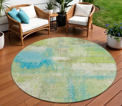 8' Lime Green And Sky Blue Round Abstract Washable Indoor Outdoor Area Rug