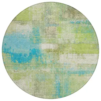 8' Lime Green And Sky Blue Round Abstract Washable Indoor Outdoor Area Rug