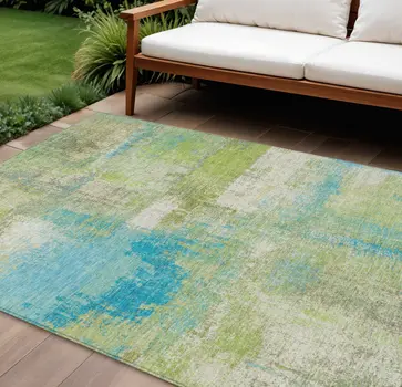 8' X 10' Lime Green And Sky Blue Abstract Washable Indoor Outdoor Area Rug