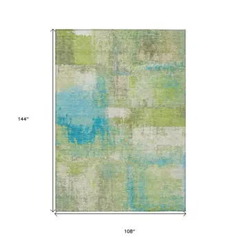 9' X 12' Lime Green And Sky Blue Abstract Washable Indoor Outdoor Area Rug