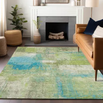 9' X 12' Lime Green And Sky Blue Abstract Washable Indoor Outdoor Area Rug