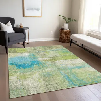 9' X 12' Lime Green And Sky Blue Abstract Washable Indoor Outdoor Area Rug