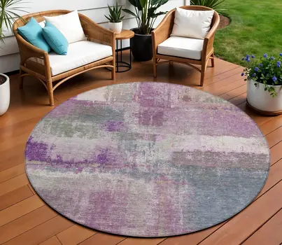 8' Lavender And Purple Round Abstract Washable Indoor Outdoor Area Rug