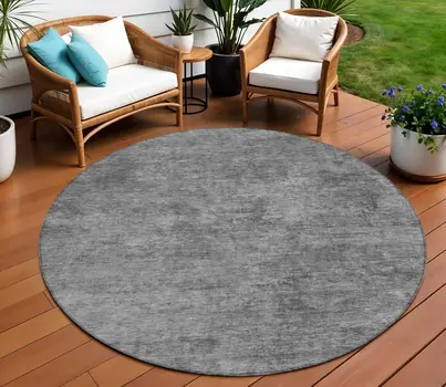 8' Gray And Smoky Black Round Abstract Washable Indoor Outdoor Area Rug