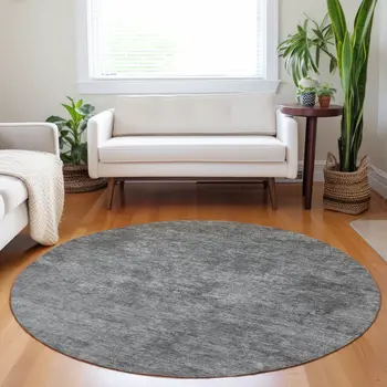 8' Gray And Smoky Black Round Abstract Washable Indoor Outdoor Area Rug