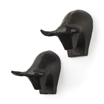 Set of Two Black Bull Metal Hanging Dimensional Sculpture