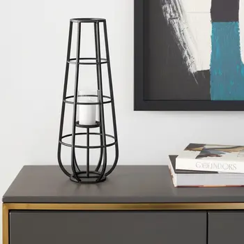 30" Black Distressed Geometric Metal And Glass Lantern Candle Holder