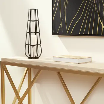 40" Black Distressed Geometric Metal Lantern Candle Holder