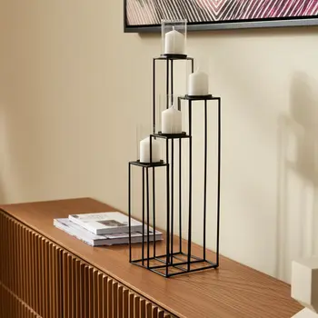 36" Black Geometric Metal And Glass Hurricane Candle Holder