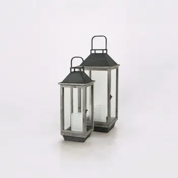 Set of Two Black Distressed Geometric Metal And Solid Wood Tabletop Lantern Candle Holders