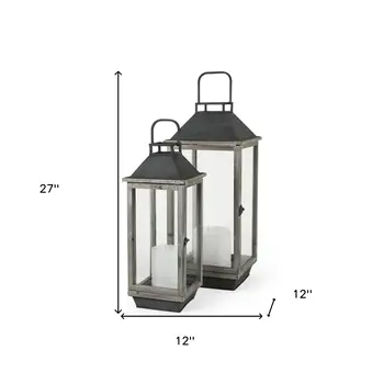Set of Two Black Distressed Geometric Metal And Solid Wood Tabletop Lantern Candle Holders