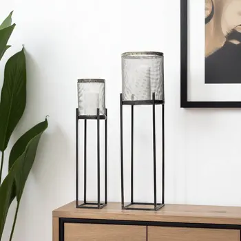 Set of Two Black Distressed Geometric Metal Lantern Candle Holders