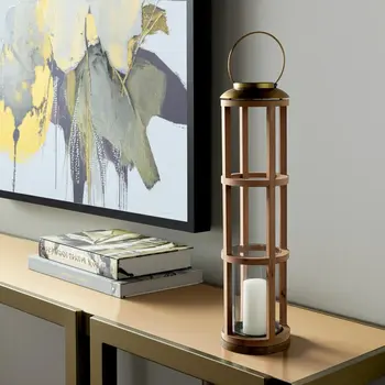 35" Natural And Brass Distressed Geometric Solid Wood And Metal Tabletop Lantern Candle Holder