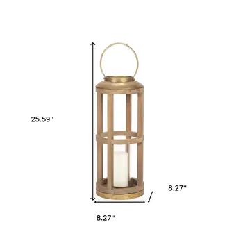 26" Natural And Bronze Distressed Geometric Solid Wood And Metal Tabletop Lantern Candle Holder