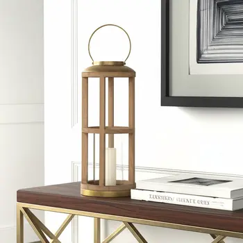 26" Natural And Bronze Distressed Geometric Solid Wood And Metal Tabletop Lantern Candle Holder