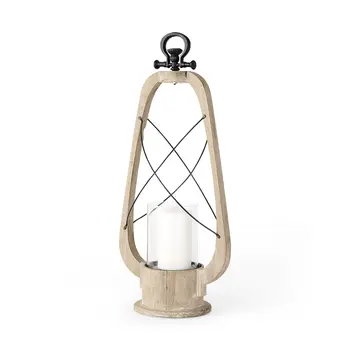 25" Brown Distressed Abstract Solid Wood And Metal Tabletop Lantern Candle Holder