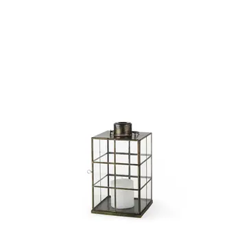 15" Gold Distressed Geometric Metal And Glass Tabletop Lantern Candle Holder