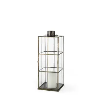 23" Gold Distressed Geometric Metal And Glass Tabletop Lantern Candle Holder