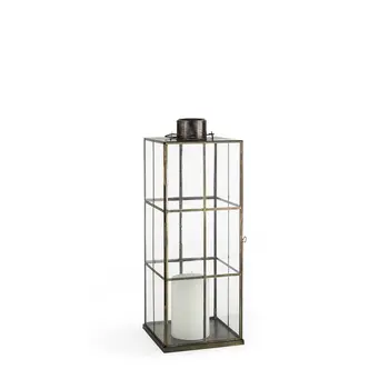 23" Gold Distressed Geometric Metal And Glass Tabletop Lantern Candle Holder
