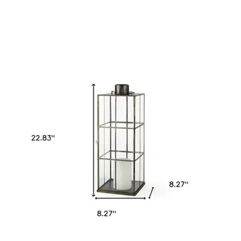23" Gold Distressed Geometric Metal And Glass Tabletop Lantern Candle Holder