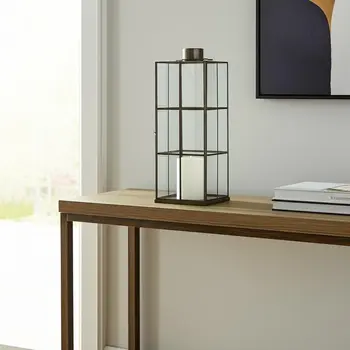 23" Gold Distressed Geometric Metal And Glass Tabletop Lantern Candle Holder