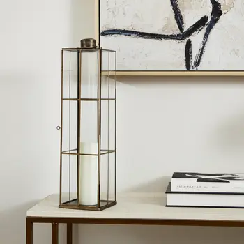 31" Gold Distressed Geometric Metal Tabletop Lantern Candle Holder