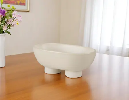 8" Cream Ceramic Oval Pedestal Centerpiece Bowl