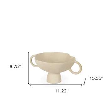 11" Beige Cast Aluminum Round Pedestal Centerpiece Bowl With Handles