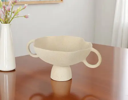 11" Beige Cast Aluminum Round Pedestal Centerpiece Bowl With Handles