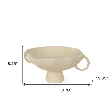 16" Beige Cast Aluminum Round Pedestal Centerpiece Bowl With Handles