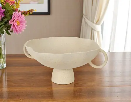 16" Beige Cast Aluminum Round Pedestal Centerpiece Bowl With Handles