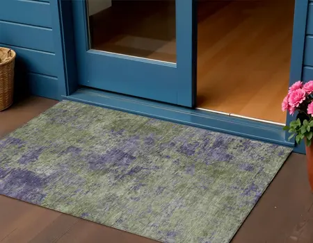 3' X 5' Olive Green And Dark Purple Abstract Washable Indoor Outdoor Area Rug