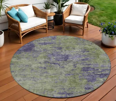 8' Olive Green And Dark Purple Round Abstract Washable Indoor Outdoor Area Rug