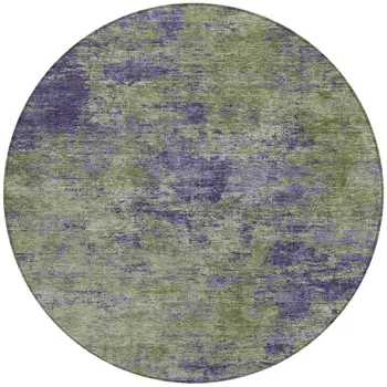8' Olive Green And Dark Purple Round Abstract Washable Indoor Outdoor Area Rug