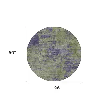 8' Olive Green And Dark Purple Round Abstract Washable Indoor Outdoor Area Rug