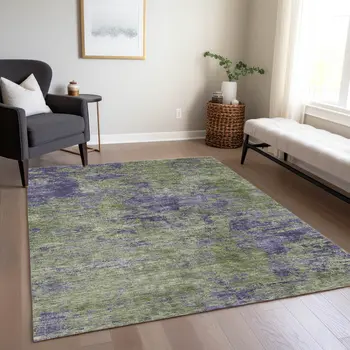 8' X 10' Olive Green And Dark Purple Abstract Washable Indoor Outdoor Area Rug