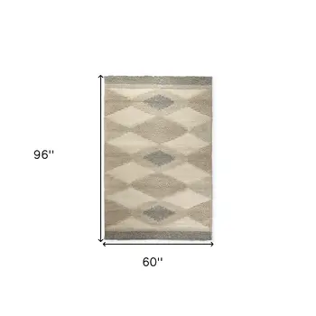 5' X 8' Beige Brown Gray And Ivory Wool Geometric Hand Woven Area Rug