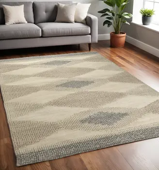 5' X 8' Beige Brown Gray And Ivory Wool Geometric Hand Woven Area Rug