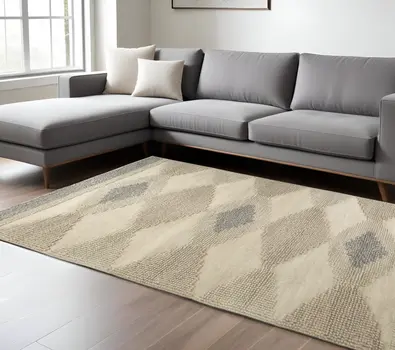 8' X 10' Beige Brown Gray And Ivory Wool Geometric Hand Woven Area Rug