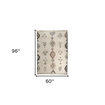 5' X 8' Beige And Brown Tribal Hand Woven Area Rug With Fringe