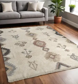 5' X 8' Beige And Brown Tribal Hand Woven Area Rug With Fringe