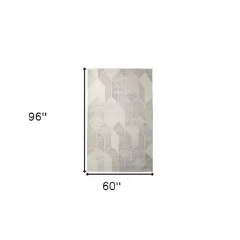 5' X 8' Beige Gray And Ivory Wool Geometric Hand Woven Area Rug