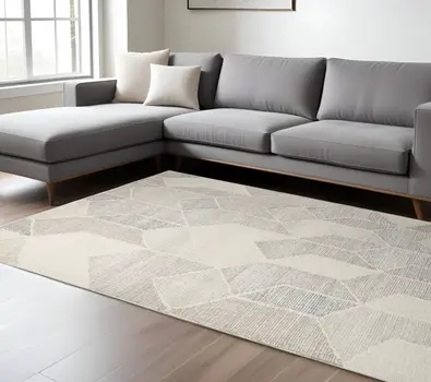 9' X 12' Beige Gray And Ivory Wool Geometric Hand Woven Area Rug