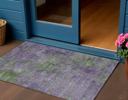 3' X 5' Purple And Green Abstract Washable Indoor Outdoor Area Rug
